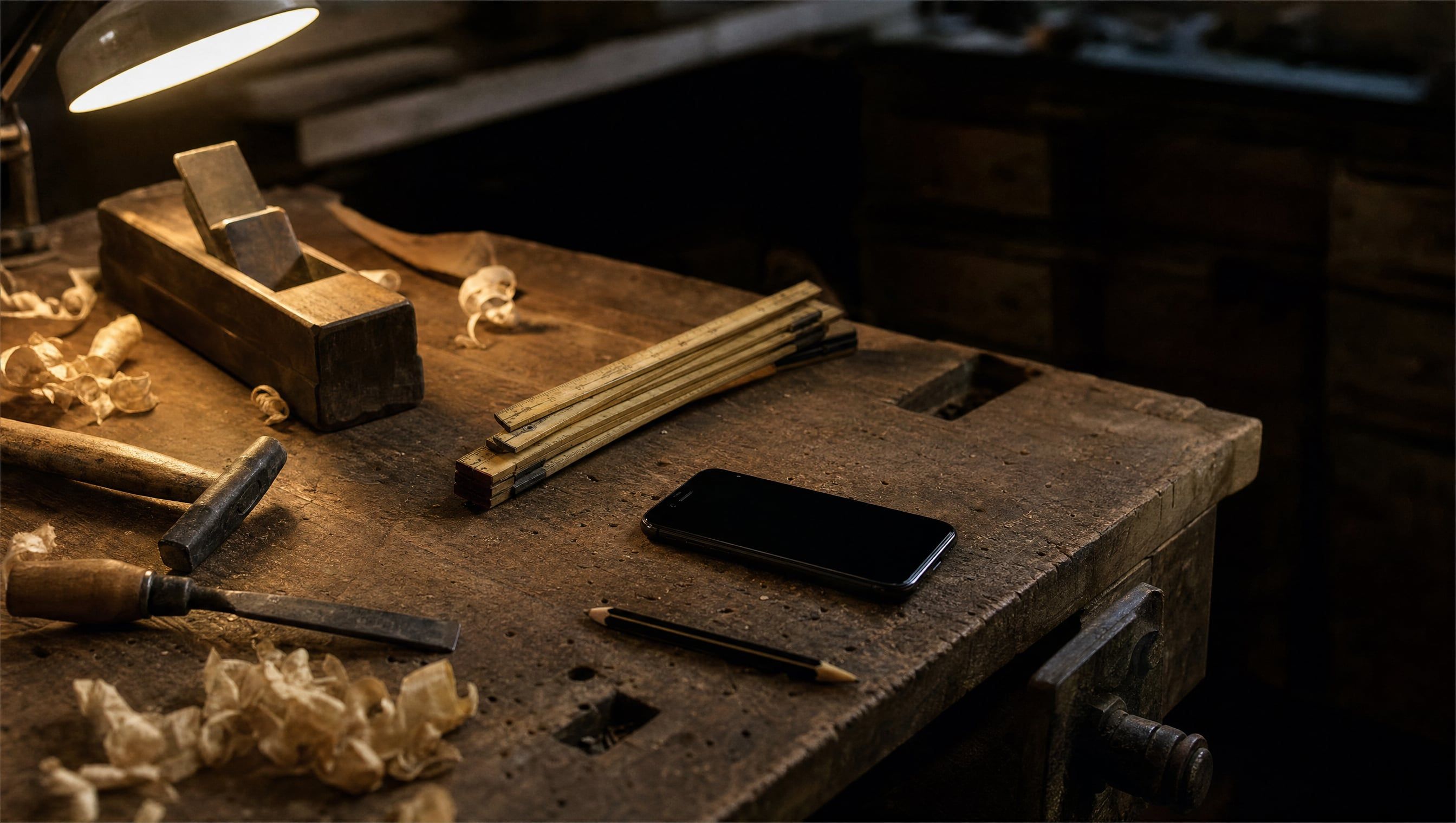 Dunkles Smartphone auf einer alten Hobelbank in einer Schreinerwerkstatt, daneben Zollstock, Hobel und Holzspäne