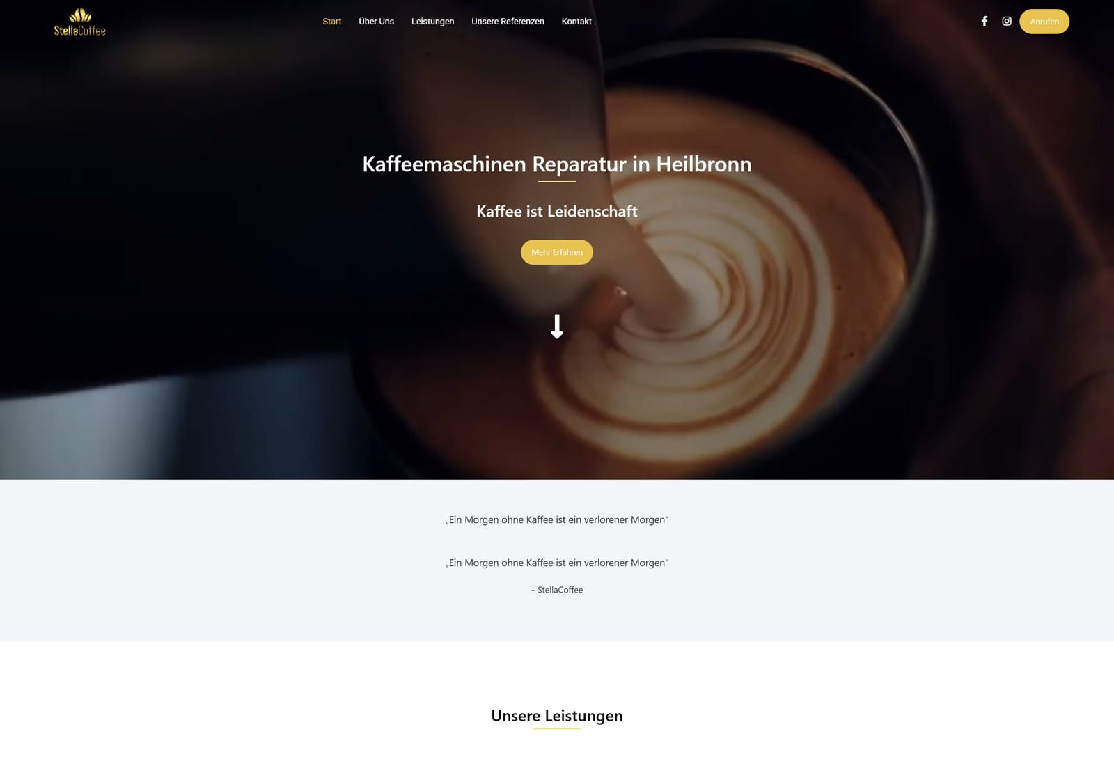 Startseite der Website von StellaCoffee